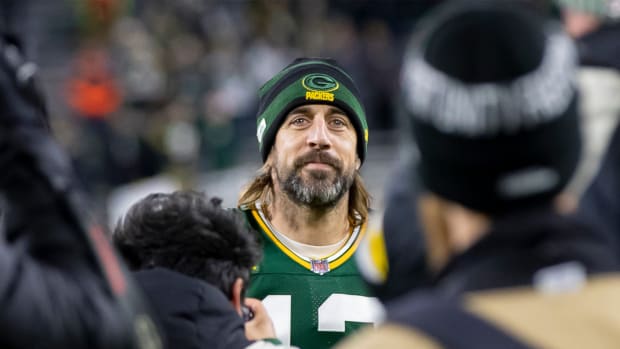 Green Bay Packers quarterback Aaron Rodgers (12) after his football game against the Cleveland Browns Saturday, December 25, 2021, at Lambeau Field in Green Bay, Wis.