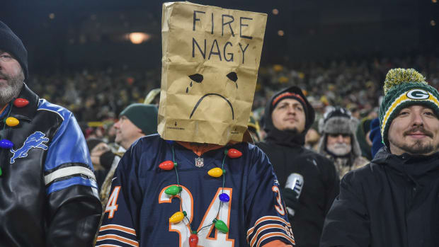 A Chicago Bears fans shows his displeasure with the head coach Matt Nagy (not pictured) during the game against the Green Bay Packers at Lambeau Field.