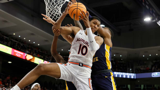 Auburn Tigers forward Jabari Smith (10) grabs a rebound against the Murray State Racers during the first half at Auburn Arena.