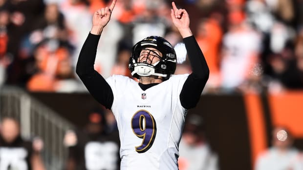 Baltimore Ravens kicker Justin Tucker (9) celebrates after kicking a field goal during the second quarter against the Cleveland Browns at FirstEnergy Stadium.