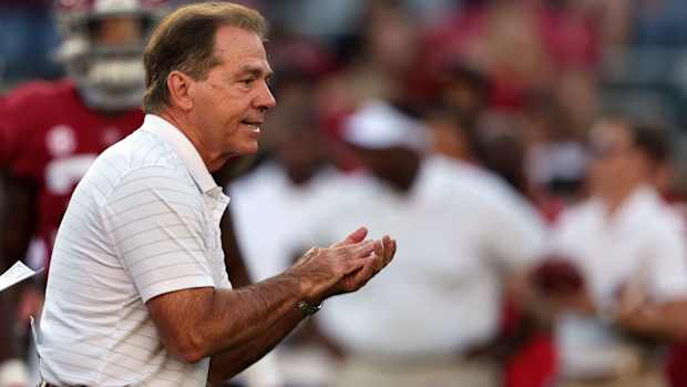 Alabama Crimson Tide head coach Nick Saban before the start of an NCAA college football game against the Tennessee Volunteers at Bryant-Denny Stadium.