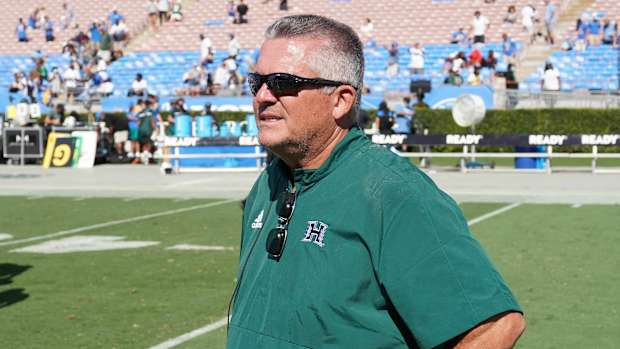 Aug 28, 2021; Pasadena, California, USA; Hawaii Rainbow Warriors head coach Todd Graham reacts at the end of the game against the UCLA Bruins at Rose Bowl.