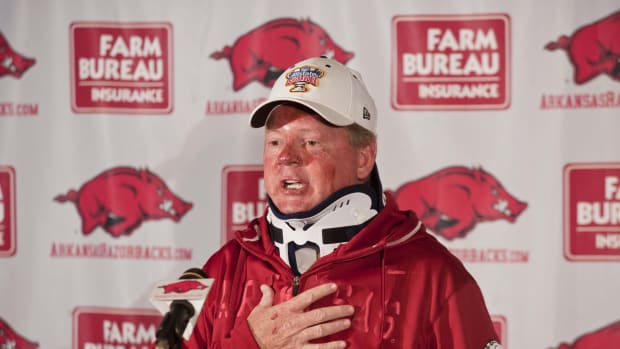 Arkansas Razorback head coach Bobby Petrino speaks at a press conference at Razorback Stadium following a motorcycle accident he sustained on April 1.