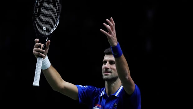 Serbia's Novak Djokovic after defeating Croatia's Marin Cilic during their Davis Cup tennis semi-final match