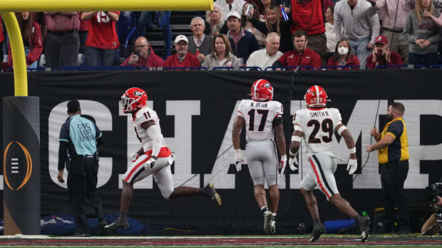 Georgia football's Nakobe Dean celebrates a would-be touchdown that was later called off.