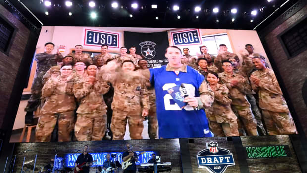 Service members make the pick for the New York Giants during the first round of the NFL Draft Thursday, April 25, 2019, in Nashville, Tenn.