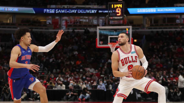 Jan 11, 2022; Chicago, Illinois, USA; Chicago Bulls guard Zach LaVine (8) is defended by Detroit Pistons guard Cassius Stanley (2) during the first quarter at the United Center. Mandatory Credit: Dennis Wierzbicki-USA TODAY Sports