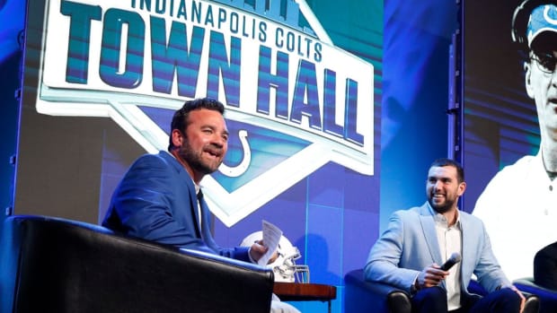 Indianapolis Colts quarterback Andrew Luck laughs a former Colt Jeff Saturday talks about his old quarterback Peyton Manning during the Colts Town Hall Meeting with their fans and season ticket holders at the Colts Complex Thursday, May 2, 2019. Colts Town Hall Meeting