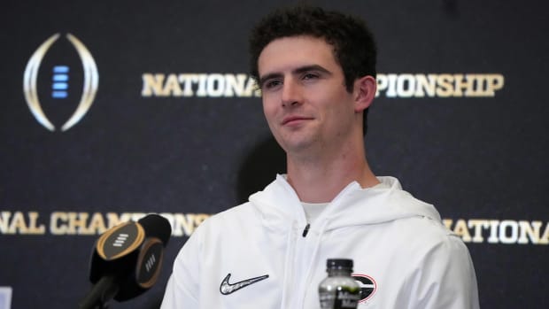 Jan 11, 2022; Indianapolis, Indiana, USA; Georgia Bulldogs quarterback Stetson Bennett at CFP National Champions press conference at JW Marriott.