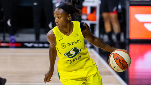 Oct 6, 2020; Bradenton, Florida, USA; Seattle Storm guard Jewell Loyd (24) dribbles during game three of the 2020 WNBA Finals at IMG Academy.