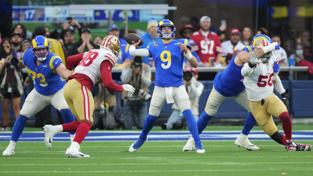 Jan 9, 2022; Inglewood, California, USA; Los Angeles Rams quarterback Matthew Stafford (9) throws a pass against the San Francisco 49ers in the second half at SoFi Stadium.