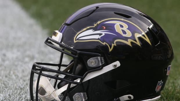 Dec 5, 2021; Pittsburgh, Pennsylvania, USA; A Baltimore Ravens helmet sits on the field against the Pittsburgh Steelers at Heinz Field.
