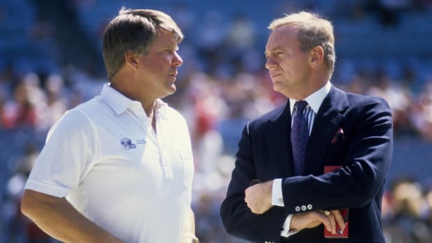 Dallas Cowboys owner Jerry Jones (right) and head coach Jimmy Johnson prior to the game against the Atlanta Falcons at Fulton County Stadium.