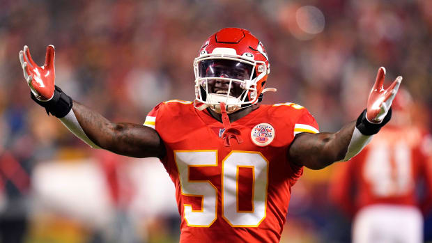 Jan 16, 2022; Kansas City, Missouri, USA; Kansas City Chiefs middle linebacker Willie Gay Jr. (50) reacts before the game against the Pittsburgh Steelers in an AFC Wild Card playoff football game at GEHA Field at Arrowhead Stadium. Mandatory Credit: Jay Biggerstaff-USA TODAY Sports
