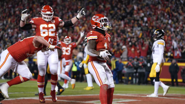 Jan 16, 2022; Kansas City, Missouri, USA; Kansas City Chiefs running back Jerick McKinnon (1) scores a touchdown during the first half against the Pittsburgh Steelers in an AFC Wild Card playoff football game at GEHA Field at Arrowhead Stadium. Mandatory Credit: Denny Medley-USA TODAY Sports