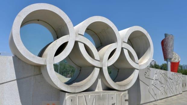 Olympic rings at stadium in Beijing, host of the 2022 Winter Games.