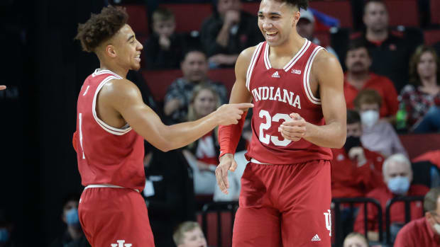 Rob Phinisee and Trayce Jackson-Davis react to a play against the Nebraska Cornhuskers.