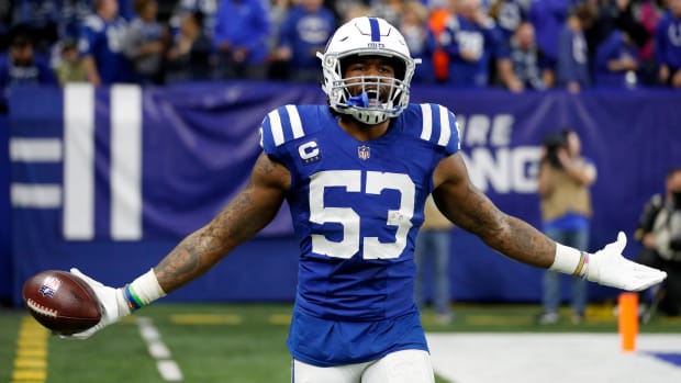 Indianapolis Colts outside linebacker Darius Leonard (53) celebrates after making an interception Sunday, Jan. 2, 2022, during a game against the Las Vegas Raiders at Lucas Oil Stadium in Indianapolis.