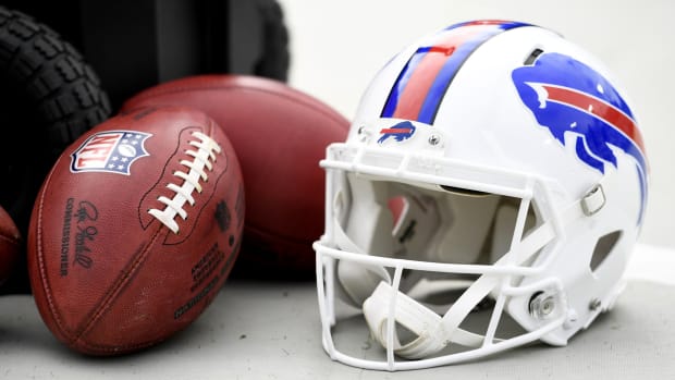 Nov 7, 2021; Jacksonville, Florida, USA; Buffalo Bills helmet before the game against the Jacksonville Jaguars at TIAA Bank Field.