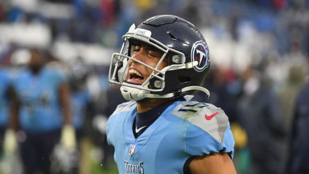 Tennessee Titans wide receiver Nick Westbrook-Ikhine (15) celebrates as he leaves the field following a win against the Miami Dolphins at Nissan Stadium.