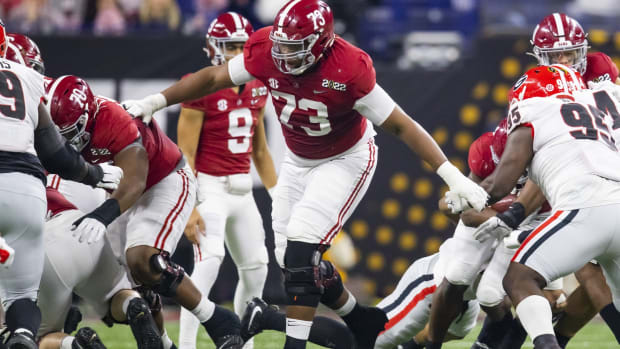 Jan 10, 2022; Indianapolis, IN, USA; Alabama Crimson Tide offensive lineman Evan Neal (73) against the Georgia Bulldogs in the 2022 CFP college football national championship game at Lucas Oil Stadium.