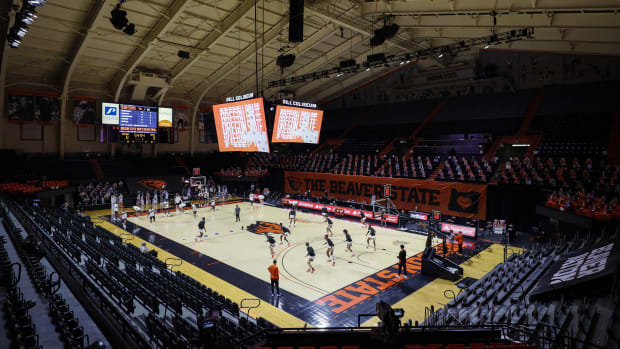 Gill Coliseum is an old-style arena.