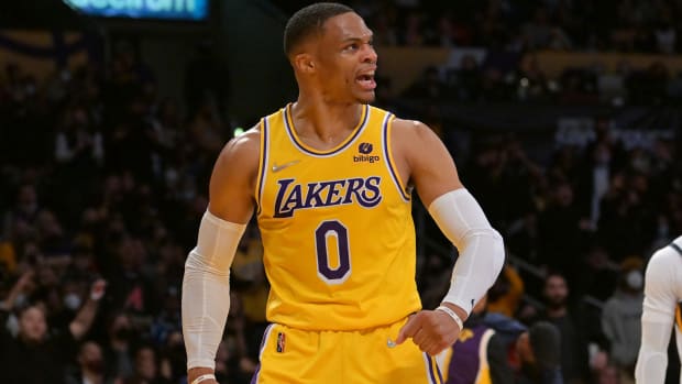 Los Angeles Lakers guard Russell Westbrook (0) was given a technical foul for his reaction after a dunk over Utah Jazz center Rudy Gobert.