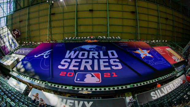 Oct 27, 2021; Houston, Texas, USA; A view of the scoreboard and World Series logo before the game between the Houston Astros and the Atlanta Braves in game two of the 2021 World Series at Minute Maid Park.