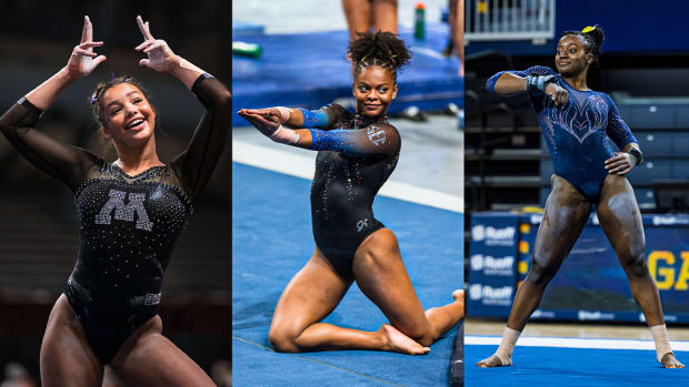 (From L to R) Minnesota's Mya Hooten, Florida's Trinity Thomas and Michigan's Gabby Wilson perform their floor routines.