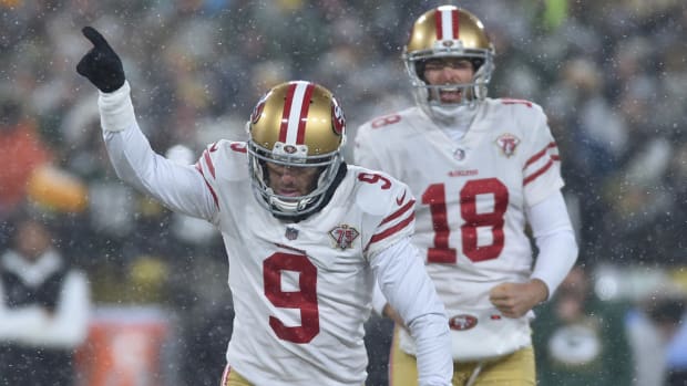 San Francisco 49ers kicker Robbie Gould (9) reacts after the winning field goal against the Green Bay Packers.