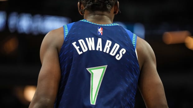 Jan 23, 2022; Minneapolis, Minnesota, USA; A general view of the jersey of Minnesota Timberwolves forward Anthony Edwards (1) during the second quarter at Target Center. Mandatory Credit: Brace Hemmelgarn-USA TODAY Sports