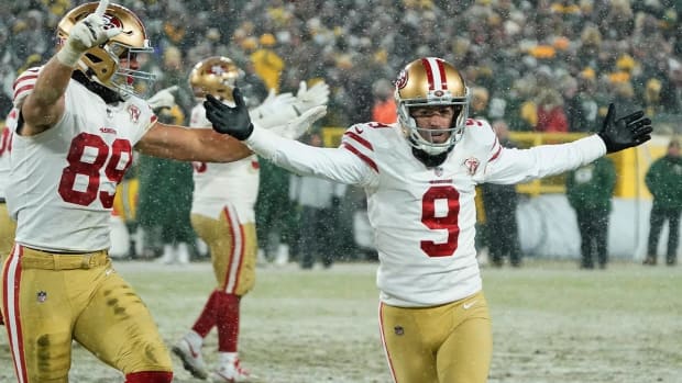 San Francisco 49ers' Robbie Gould celebrates after making the game-winning field goal during the second half of an NFC divisional playoff NFL football game against the Green Bay Packers Saturday, Jan. 22, 2022, in Green Bay, Wis. The 49ers won 13-10 to advance to the NFC Chasmpionship game.