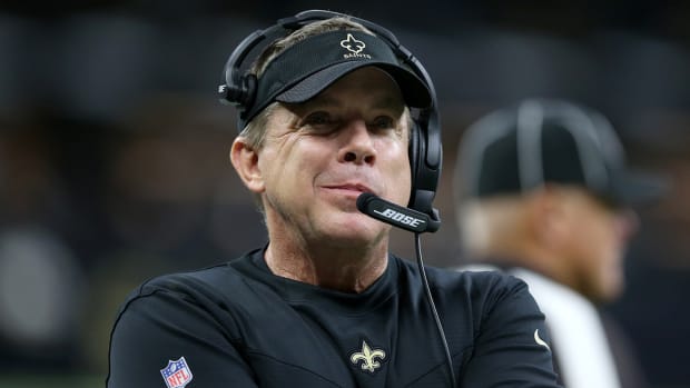 New Orleans Saints head coach Sean Payton on the sidelines in the second quarter against the Carolina Panthers.