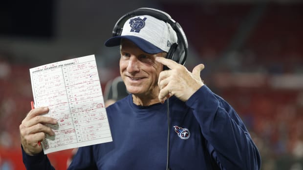 Tennessee Titans inside linebacker coach Jim Haslett reacts during the second half against the Tampa Bay Buccaneers at Raymond James Stadium.