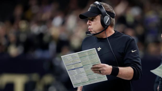 New Orleans Saints head coach Sean Payton calls out from the sideline in the first half of an NFL football game against the Carolina Panthers in New Orleans, Sunday, Jan. 2, 2022.