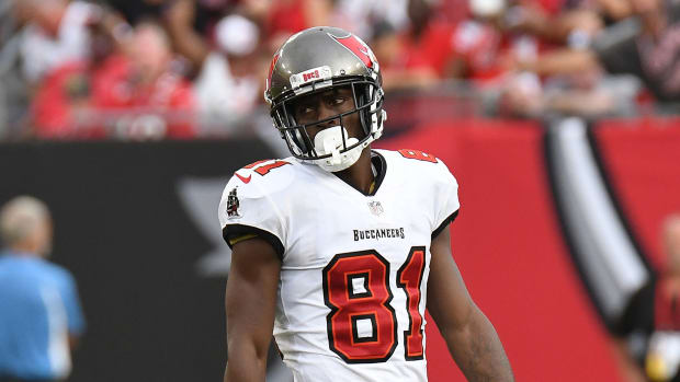 Sep 19, 2021; Tampa, Florida, USA; Tampa Bay Buccaneers wide receiver Antonio Brown (81) in the second half against the Atlanta Falcons at Raymond James Stadium.