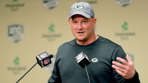 Nathaniel Hackett, the Green Bay Packers' new offensive coordinator, speaks to media on Feb. 18, 2019 at Lambeau Field in Green Bay, Wis.