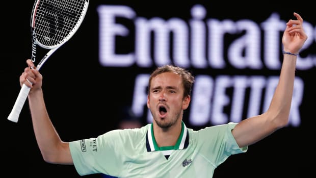Daniil Medvedev celebrates during 2022 Australian Open quarterfinal win.