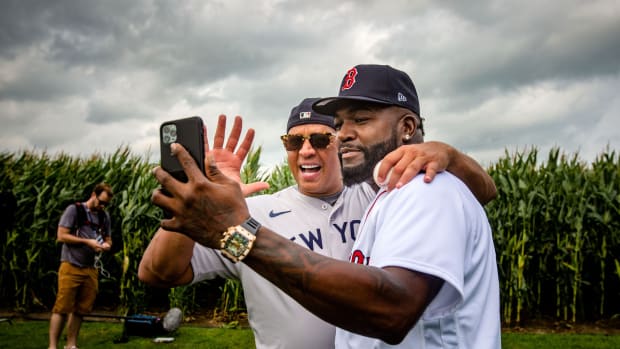 Alex Rodriguez with David Ortiz at Field of Dreams game