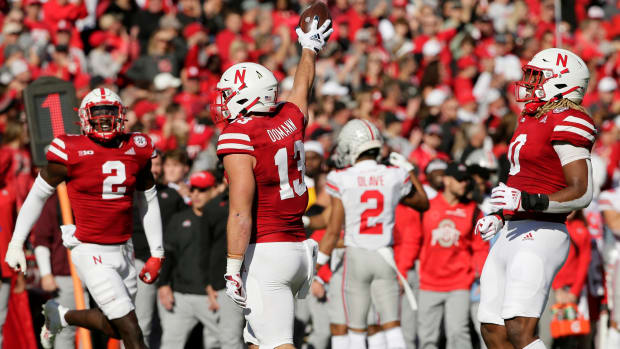 A pass from Ohio State Buckeyes quarterback C.J. Stroud (7) was intercepted by Nebraska Cornhuskers linebacker JoJo Domann (13) during Saturday's NCAA Division I football game at Memorial Stadium in Lincoln, Neb., on November 6, 2021.