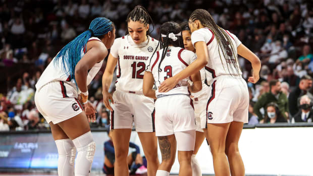 Jan 27, 2022; Columbia, South Carolina, USA; South Carolina Gamecocks players huddle during the first half against the Ole Miss Rebels at Colonial Life Arena.