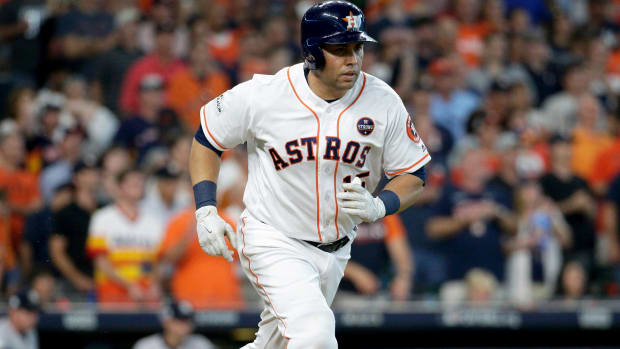 Oct 14, 2017; Houston, TX, USA; Houston Astros designated hitter Carlos Beltran (15) bats during game two of the 2017 ALCS playoff baseball series of the Houston Astros against the New York Yankees at Minute Maid Park.