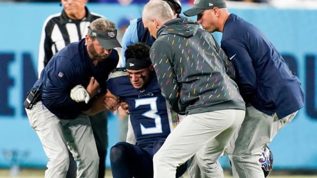 Tennessee Titans cornerback Caleb Farley (3) is helped up after he was injured at Nissan Stadium Monday, Oct. 18, 2021 in Nashville, Tenn.