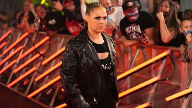 Ronda Rousey enters the women’s Royal Rumble match.
