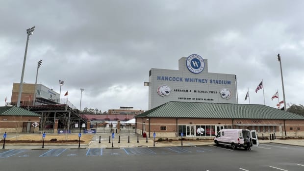 Feb 3, 2022; Mobile, AL, USA; Hancock Whitney Stadium sits empty Thursday as National team practice for the 2022 Senior Bowl is held at the Jaguar Training Center indoors due to the threat of inclement weather.