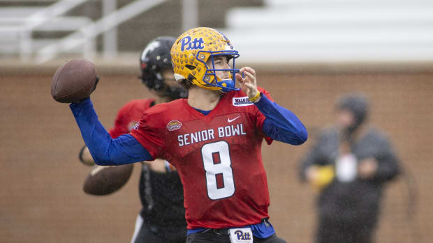 Pitt quarterback Kenny Pickett throws pass at Senior Bowl