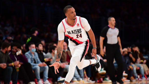 Feb 2, 2022; Los Angeles, California, USA; Portland Trail Blazers forward Norman Powell (24) reacts after scoring a three point basket against the Los Angeles Lakers during the second half at Crypto.com Arena.