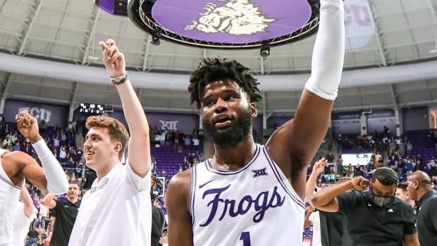 Jan 29, 2022; Fort Worth, Texas, USA; TCU Horned Frogs guard Mike Miles (1) celebrates after the game against the LSU Tigers at Ed and Rae Schollmaier Arena