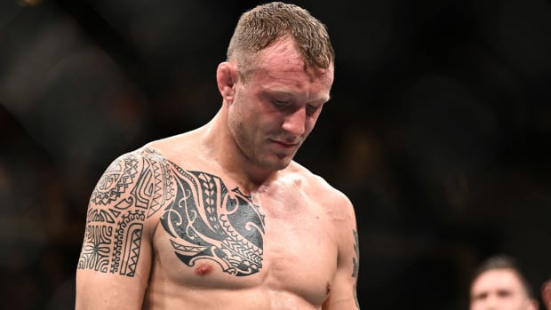 Sep 28, 2019; Copenhagen, DEN; Jack Hermansson (red gloves) reacts after a bout against Jared Cannonier (not pictured) during UFC Fight Night at Royal Arena. Mandatory Credit: