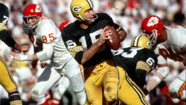 Green Bay Packers quarterback Bart Starr in action during Super Bowl I at the Los Angeles Coliseum against the Kansas City Chiefs.
